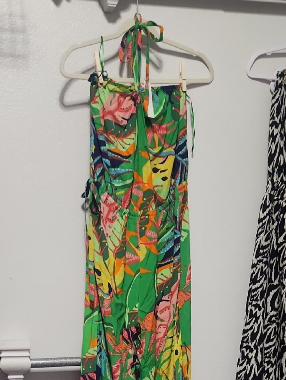 Olivaceous Green Tropical Print Dress with Pink and Blue Accents